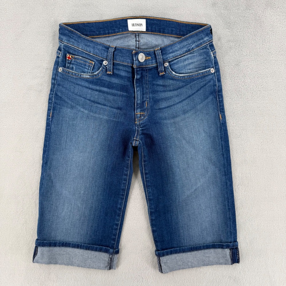 Hudson Medium Wash Cuffed Denim Shorts Women Size 26 Stretch Whiskered Blue